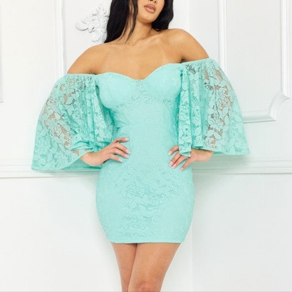 Boutique Lace Cape Sleeve Mini Dress Aqua Mint Green - Picture 5 of 13